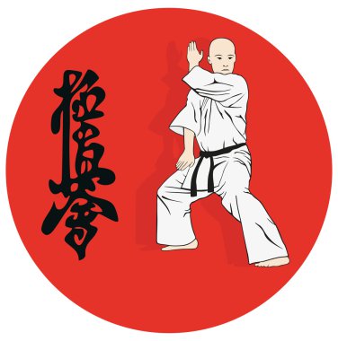 Karate ve bir hiyeroglif gösteren adam.