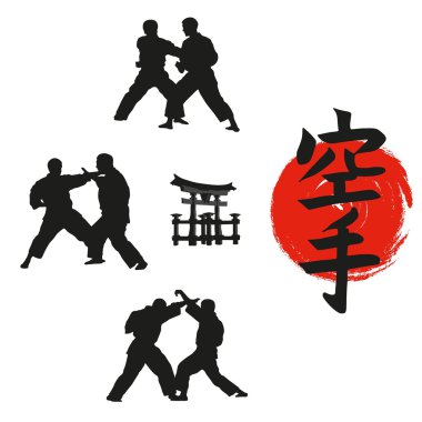 Hiyeroglif karate ve karate gösteren erkeklerin.