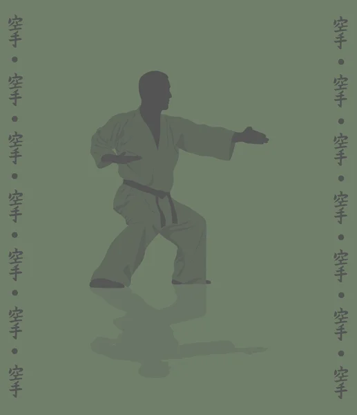Hieroglyph of karate and man demonstrating karate. — Stock Vector