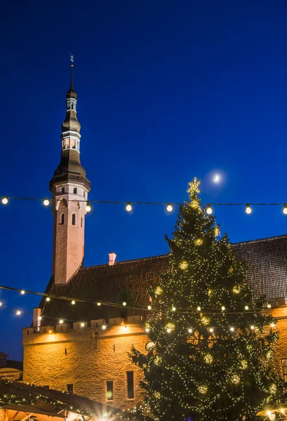 Julgran på torget i stan. Natt — Stockfoto