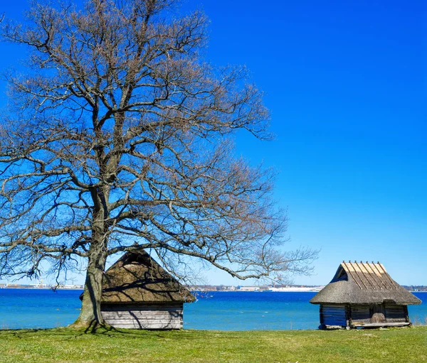 Old rural building with a roof covered by straw, close-up — Stock Photo, Image