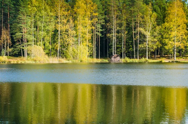 Paisaje otoñal en el lago en el bosque — Foto de Stock