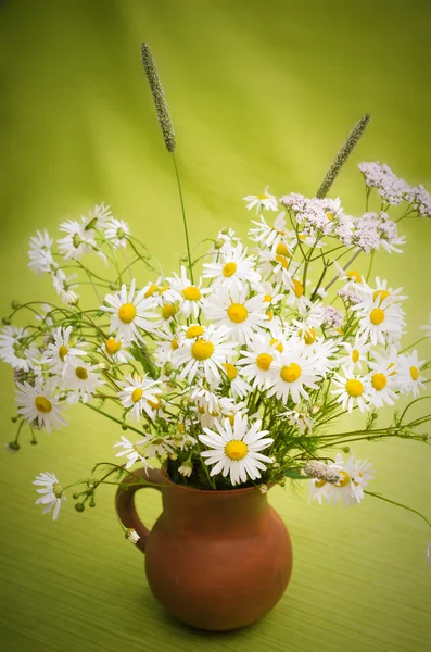 Boeket van wilde bloemen in een klei pot, close-up — Stockfoto