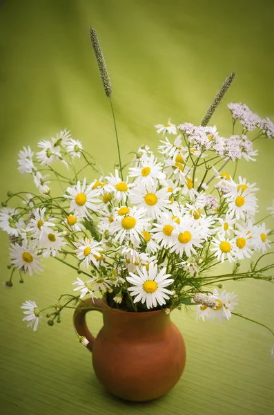 Buquê de flores silvestres em um pote de barro, close-up — Fotografia de Stock