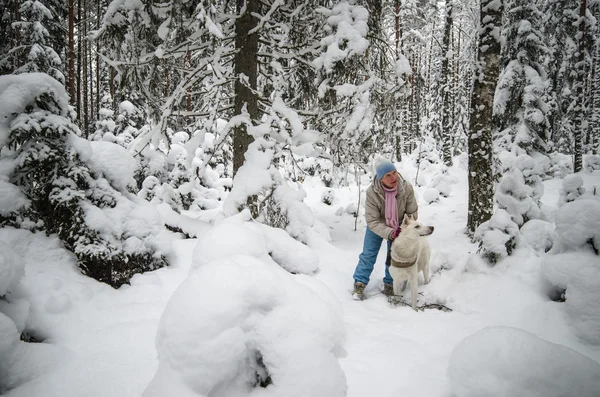 A mulher com um cão no passeio em uma floresta de inverno — Fotografia de Stock