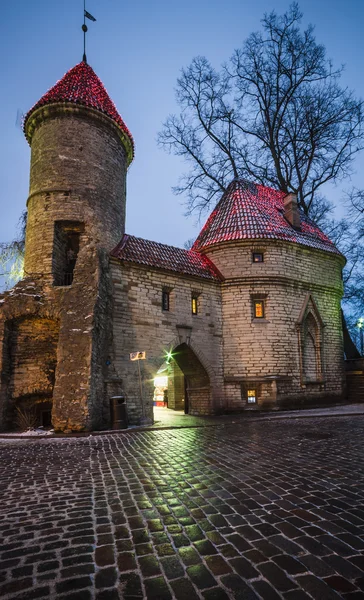 Starověké ulice Viru zdobené na Vánoce v Tallinnu — Stock fotografie