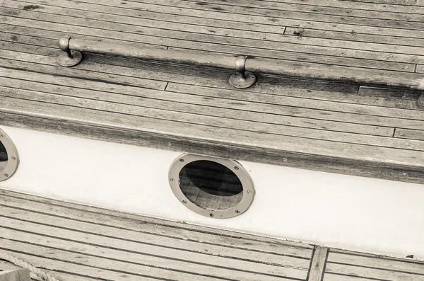 Close up of a deck of old sailing ship, sepia — Stock Photo, Image