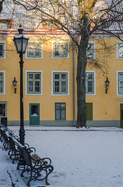 Banco y farola en el parque de invierno Old Tallinn — Foto de Stock