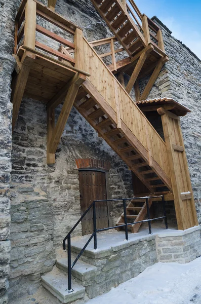 Wooden stairs the leader on a medieval city wall — Stock Photo, Image