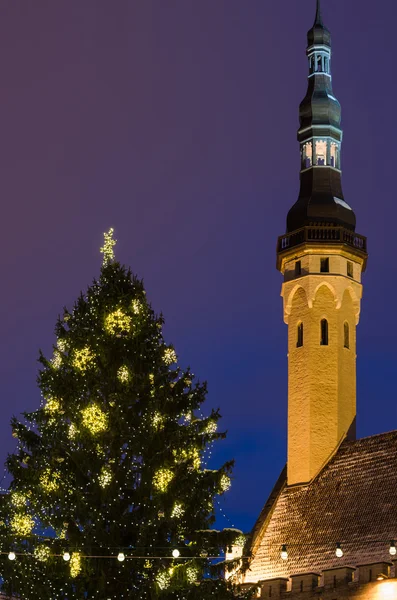 Christmas tree and tower of the town hall in Tallinn — Stock Photo, Image