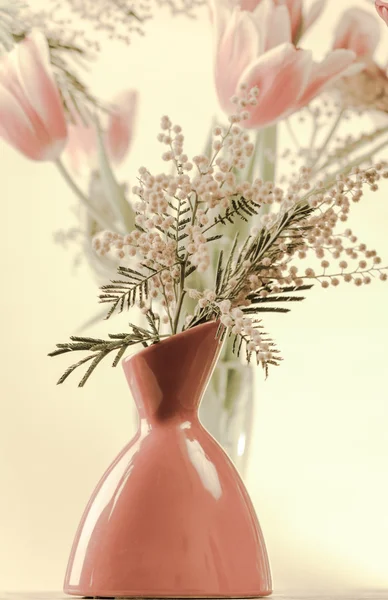 Spring bouquet with a mimosa and tulips — Stock Photo, Image