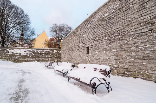 Banc et lampadaire dans le parc hiver Vieux Tallinn — Photo