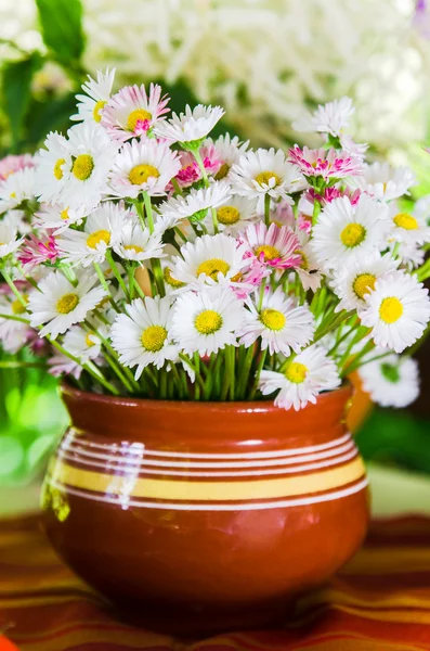 Un bouquet de marguerites dans un pot à la table — Photo