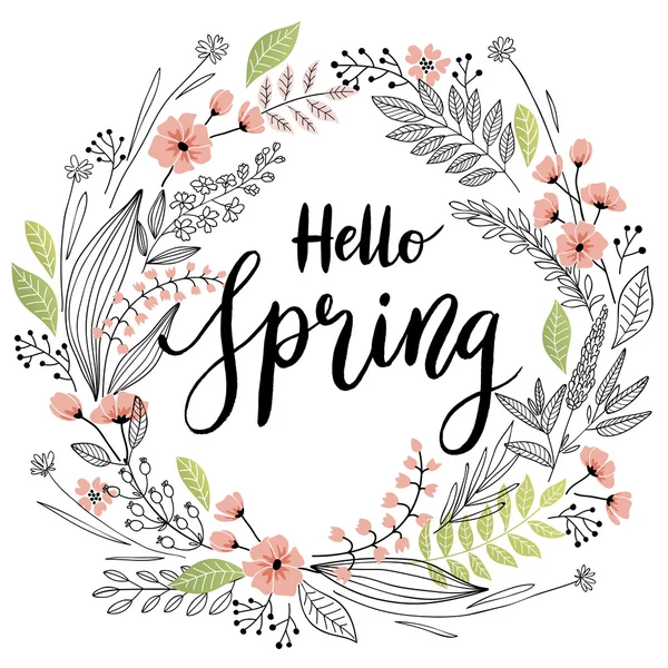 Spring Lettering with wreath - hand drawn — Stock Vector