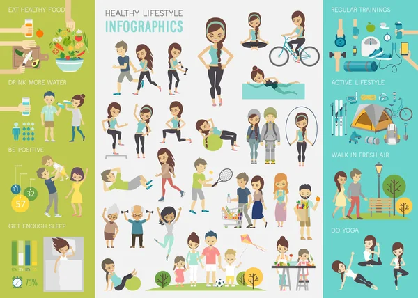 Conjunto de infografía de estilo de vida saludable con gráficos y otros elementos . — Vector de stock