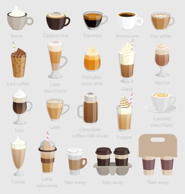 Kahve seti: latte, cappuccino, macchiato ve diğer.