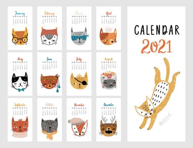 Takvim 2021. Şirin kedilerle dolu aylık takvim. El çizimi biçim illüstrasyonu.