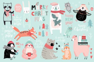 Noel seti, el çizimi stili - kaligrafi, hayvanlar ve diğer elementler. Vektör illüstrasyonu.
