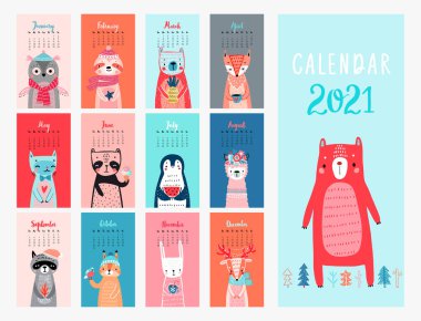 Takvim 2021. Sevimli Hayvanlar 'ın olduğu aylık takvim. El çizimi biçim illüstrasyonu.