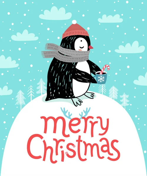 Lindo Pingüino Bebiendo Feliz Tarjeta Navidad Ilustración Vectorial — Vector de stock