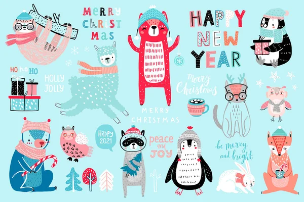 Set Navidad Estilo Dibujado Mano Caligrafía Animales Otros Elementos Ilustración — Vector de stock