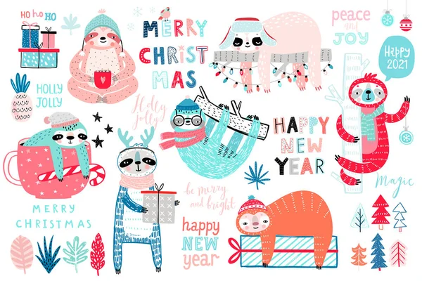Χριστούγεννα Sloths Που Χέρι Που Στυλ Καλλιγραφία Χαριτωμένο Sloths Και — Διανυσματικό Αρχείο