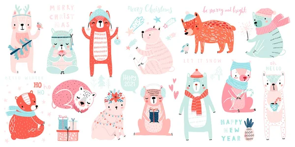Vánoční Set Roztomilými Medvědy Slaví Štědrý Večer Ručně Psané Nápisy — Stockový vektor