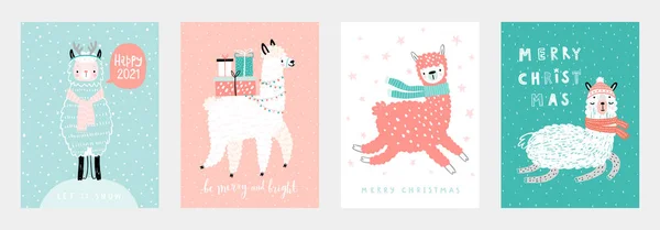 Cartões Natal Com Llamas Bonitos Celebrando Véspera Natal Letras Manuscritas —  Vetores de Stock