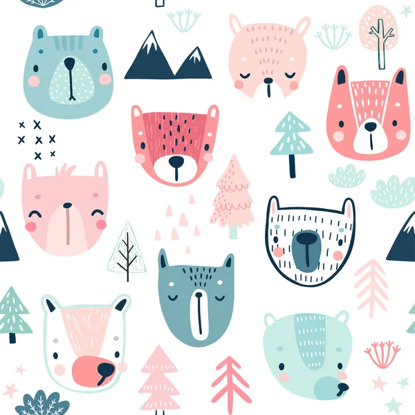 Seamless Pattern Cute Bears Childish Background Sweet Characters Other Elements — Stock Vector