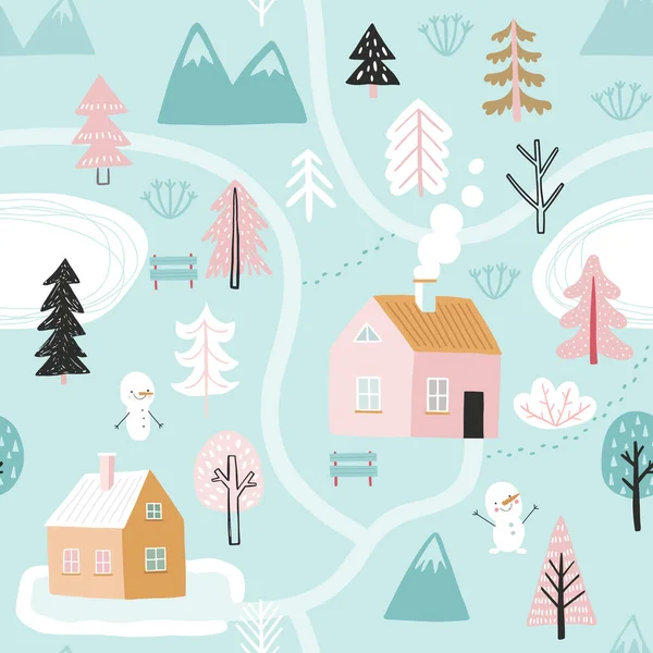 Nahtloses Muster Mit Niedlichen Winterbäumen Kindlich Bunte Hintergrund Vektorillustration — Stockvektor