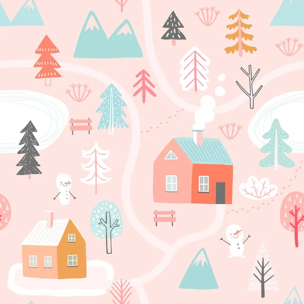 Nahtloses Muster Mit Niedlichen Winterbäumen Kindlich Bunte Hintergrund Vektorillustration — Stockvektor