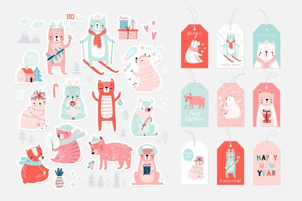 Karácsonyi Kártya Készlet Aranyos Bears Ünneplő Karácsony Este Kézzel Írott — Stock Vector