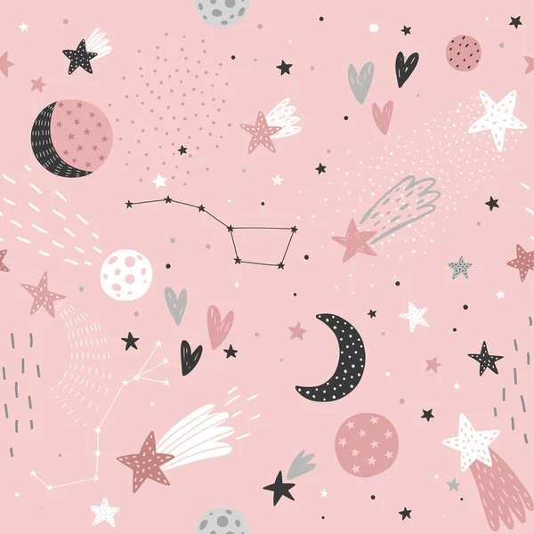 Space Dreams Childish Seamless Hand Drawn Pattern Moon Stars Vector — Stock Vector