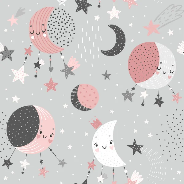 Space Dreams Childish Cute Seamless Hand Drawn Pattern Moons Stars — Stock Vector