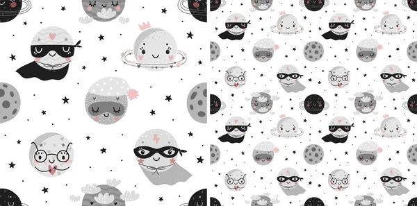 Space Dreams Childish Seamless Hand Drawn Pattern Super Hero Planets — Stock Vector