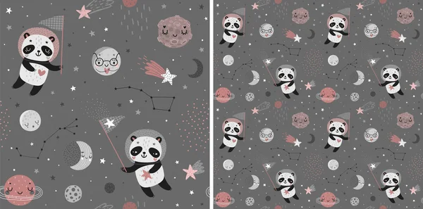 Space Dreams Dětinské Bezešvé Ručně Kreslené Vzor Roztomilou Panda Vektorová — Stockový vektor