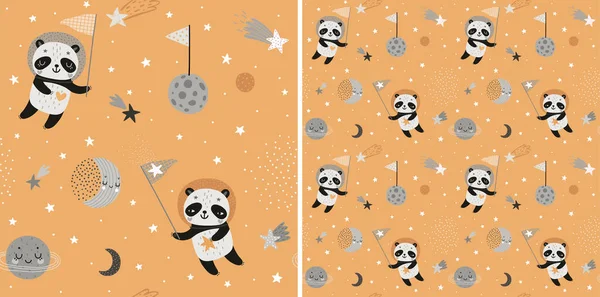 Space Dreams Barnsliga Sömlösa Handritade Mönster Med Söt Panda Vektorillustration — Stock vektor