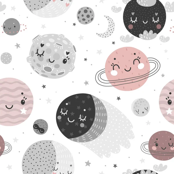 Space Dreams Childish Seamless Hand Drawn Pattern Moon Stars Planets — Stock Vector