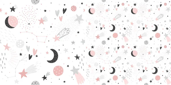 Space Dreams Childish Seamless Hand Drawn Pattern Moon Stars Vector — Stock Vector