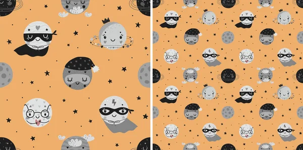 Space Dreams Childish Seamless Hand Drawn Pattern Super Hero Planets — Stock Vector