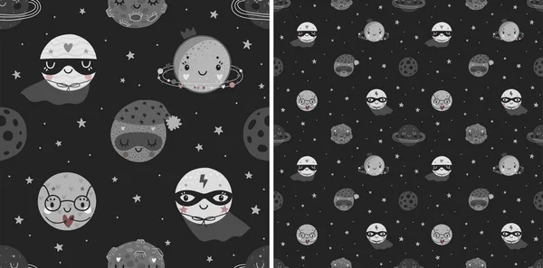 Space Dreams Childish Seamless Hand Drawn Pattern Super Hero Planets — Stock Vector