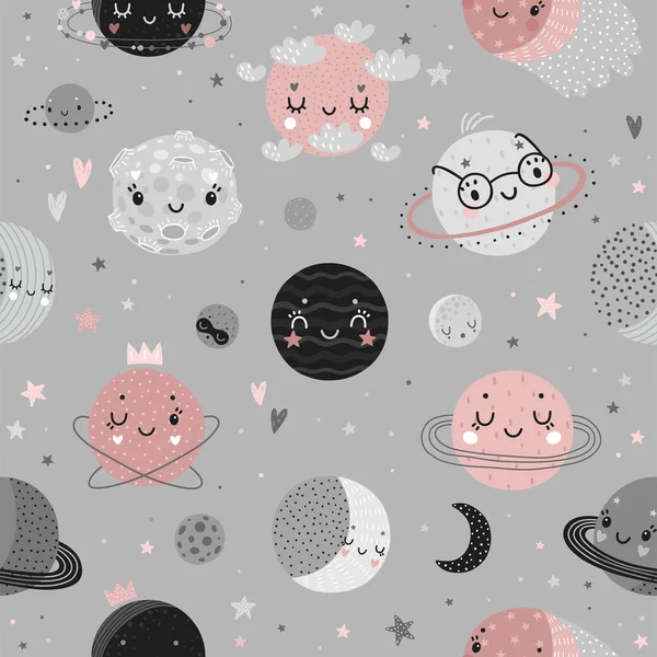 Space Dreams Childish Cute Seamless Hand Drawn Pattern Moons Stars — Stock Vector