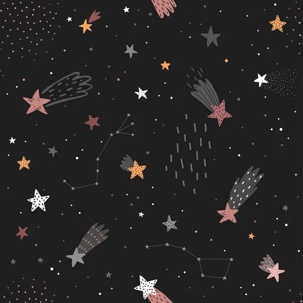 Space Dreams Gyerekes Zökkenőmentes Kézzel Rajzolt Minta Hold Csillagok Vektorillusztráció Vektor Grafikák