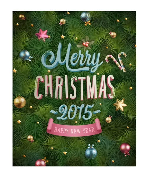 Christmas poster with fir tree texture and baubles. Vector illustration. — Stock Vector