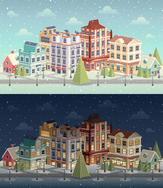 Paysage urbain vintage de Noël et chutes de neige . — Image vectorielle