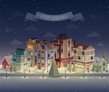 Noel gecesi cityscape ve kar yağışı. Vektör çizim.