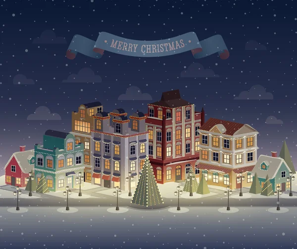 Kerst nacht stadsgezicht en sneeuwval. Vectorillustratie. — Stockvector