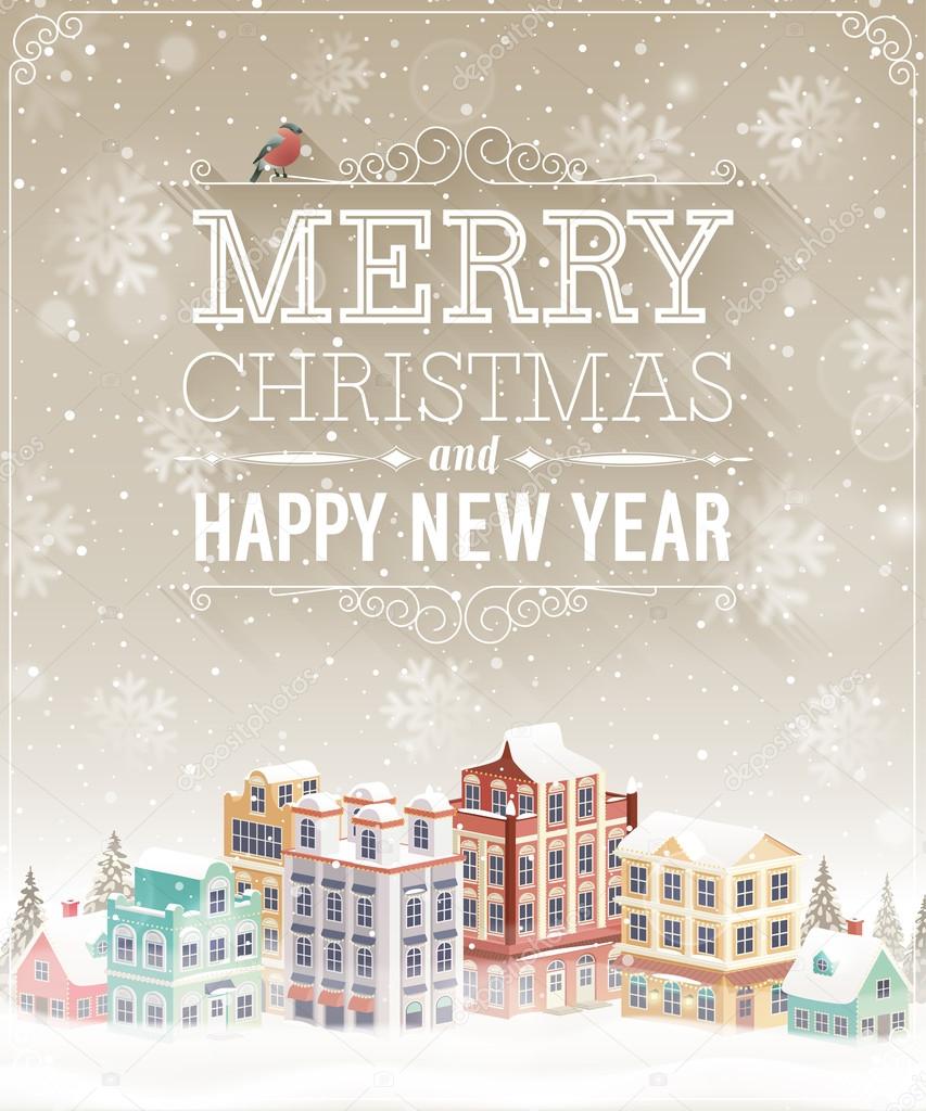 Christmas card with cityscape and snowfall.