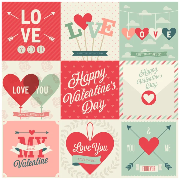 De dag van Valentijnskaarten set - emblemen en kaarten. Vectorillustratie. — Stockvector