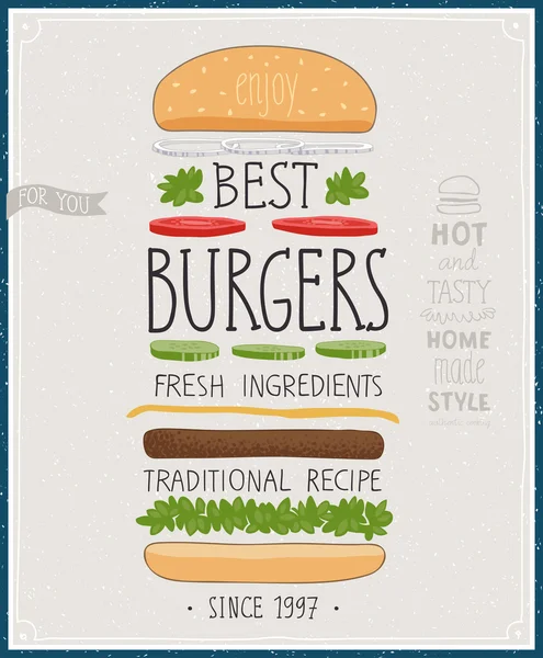 Beste hamburgers Poster - hand getrokken stijl. — Stockvector